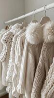 Collection of cozy white knit sweaters displayed on hangers in a warm indoor space photo