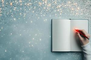 Person writing in a blank notebook with candle and decorative stars during holiday season photo