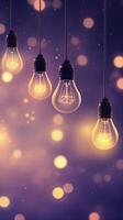 Hanging light bulbs illuminate a starry night sky in a purple backdrop at a cozy outdoor setting photo