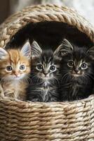 Three adorable kittens sitting together in a woven basket on a neutral background photo