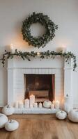 Cozy autumn decor by the fireplace with white pumpkins and elegant candles in a bright room photo