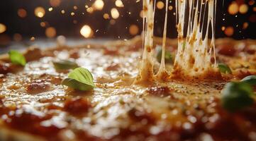Delicious cheesy pizza fresh out of the oven with bubbling cheese and crispy crust at a pizzeria photo