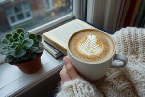 Cozy afternoon with a warm latte by the window overlooking a peaceful neighborhood garden photo