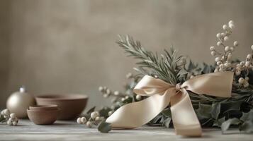 Elegant decorative wreath with berries and ribbon on a festive table setting during winter photo
