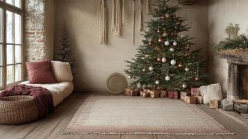 Decorated Christmas tree adorned with handmade ornaments in a cozy indoor setting photo