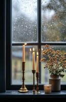 Elegant candle holders by a window with autumnal trees outside during a tranquil afternoon photo
