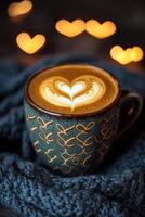A cozy cup of coffee with heart latte art against a backdrop of glowing heart shaped lights photo