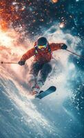 Snow skier carving through fresh powder during a winter morning in the mountains photo