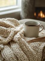 Cozy setup with knitted blanket, coffee cup, and yarn balls in a softly lit room during winter photo