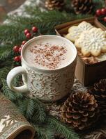 Cozy seasonal setting with a cup of warm beverage, cookie, and decorative elements photo