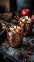 Refreshing fall beverages with apples and pomegranate, served in rustic mugs on a wooden tray photo