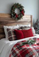 Cozy winter bedroom with festive decor, plaid blankets, and a warm atmosphere in a rustic cabin photo