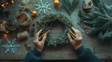 Creating a festive wreath with natural elements in a cozy indoor setting during winter photo