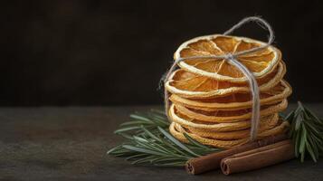 Dried orange slices tied with twine alongside spices and rosemary on wooden surface photo