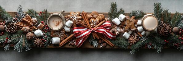 Delicious holiday treats and warm cocoa presented on a rustic wooden board during winter festivities photo