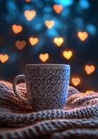 Cozy evening with a patterned mug surrounded by twinkling lights and heart shaped bokeh photo