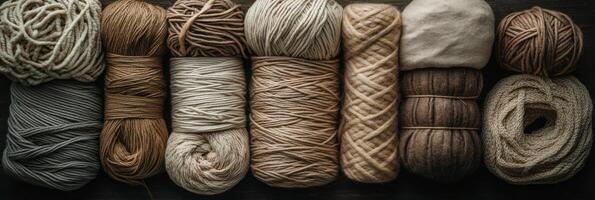 Various spools of natural colored yarn neatly arranged on a wooden surface for crafting in daylight photo