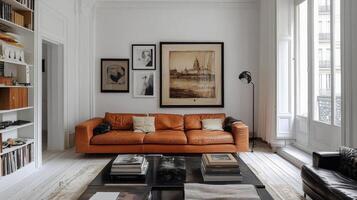 Modern living room with large windows, cozy seating, and a minimalist design in an urban apartment photo