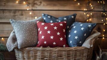 Cozy basket filled with star patterned pillows near warm string lights in a rustic setting photo