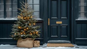 Festively decorated front porch with a Christmas tree, wreath, and warm lights during winter photo