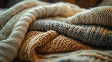 Cozy knit blankets piled together on a soft surface in warm indoor lighting during autumn photo
