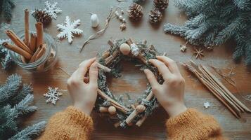 Creating a festive wreath with natural elements in a cozy indoor setting during winter photo