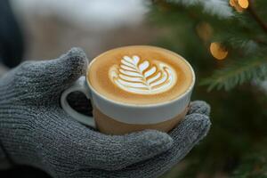 Warm coffee with intricate latte art held by hands wearing cozy gloves during winter season photo