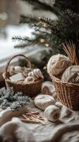 Natural materials and crafting supplies arranged in a rustic setting for cozy creativity photo