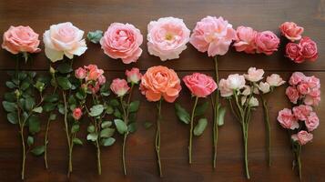 Beautiful arrangement of pink roses on a rustic wooden table during daylight photo