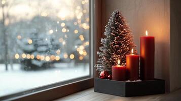 Cozy winter setting with candles and a small Christmas tree by the window during the holidays photo