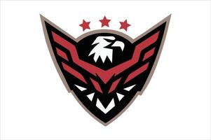 Minimal line eagle logo with wing, falcon, star, and shield in ribbon design vector