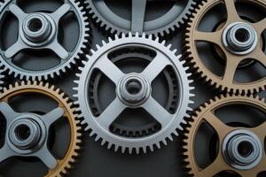 Interlocking metal gears working together in a complex system photo