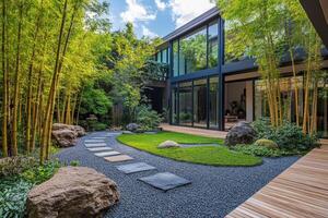 Modern house with a lot of windows and a pathway leading to it photo
