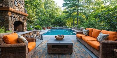 Relaxing backyard patio overlooking inviting swimming pool and lush green forest photo