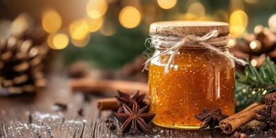 Orange jam jar with spices, pine cone and christmas lights creating festive atmosphere photo