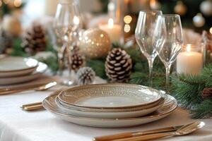 Christmas table setting decorated with candles, pine cones, and garland greenery photo