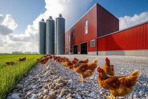 Free range chicken walking near red barn and three silos in the countryside photo