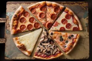 Delicious pizza slices with various toppings resting on rustic wooden board photo