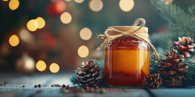 Jar of honey with pine cones and christmas tree branches creating festive atmosphere photo