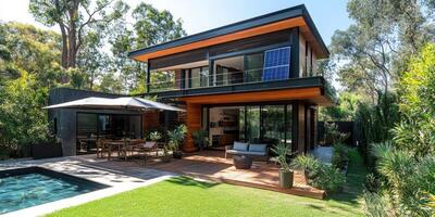 Modern sustainable home with solar panels, lush garden, and pool photo