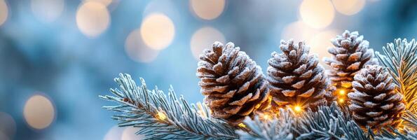 Snowy pine cones resting on a pine branch with sparkling christmas lights photo