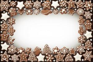 Christmas gingerbread cookies forming a frame on white background photo