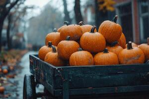 Pumpkins getting wet on a wooden cart during a rainy autumn day photo