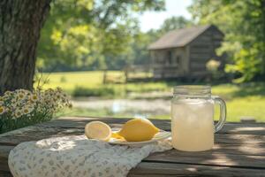 Refreshing lemonade with lemons on table enjoying rustic countryside ambiance photo