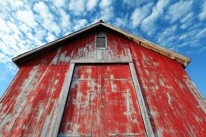 Weathered red barn against cloudy blue sky photo