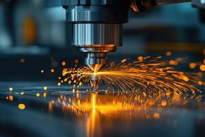 Laser cutting machine creating sparks while engraving metal sheet photo