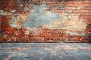 Grunge red brick wall with damaged plaster and concrete floor creating industrial background photo
