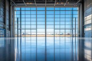 Empty hangar with airplanes outside reflecting on shiny floor photo