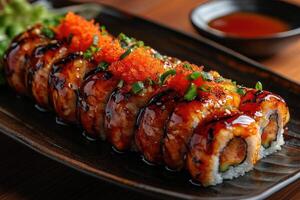 Dragon roll sushi topped with tobiko and spring onion displayed on a plate photo