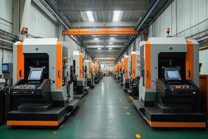 Modern cnc machines standing in automated factory workshop photo